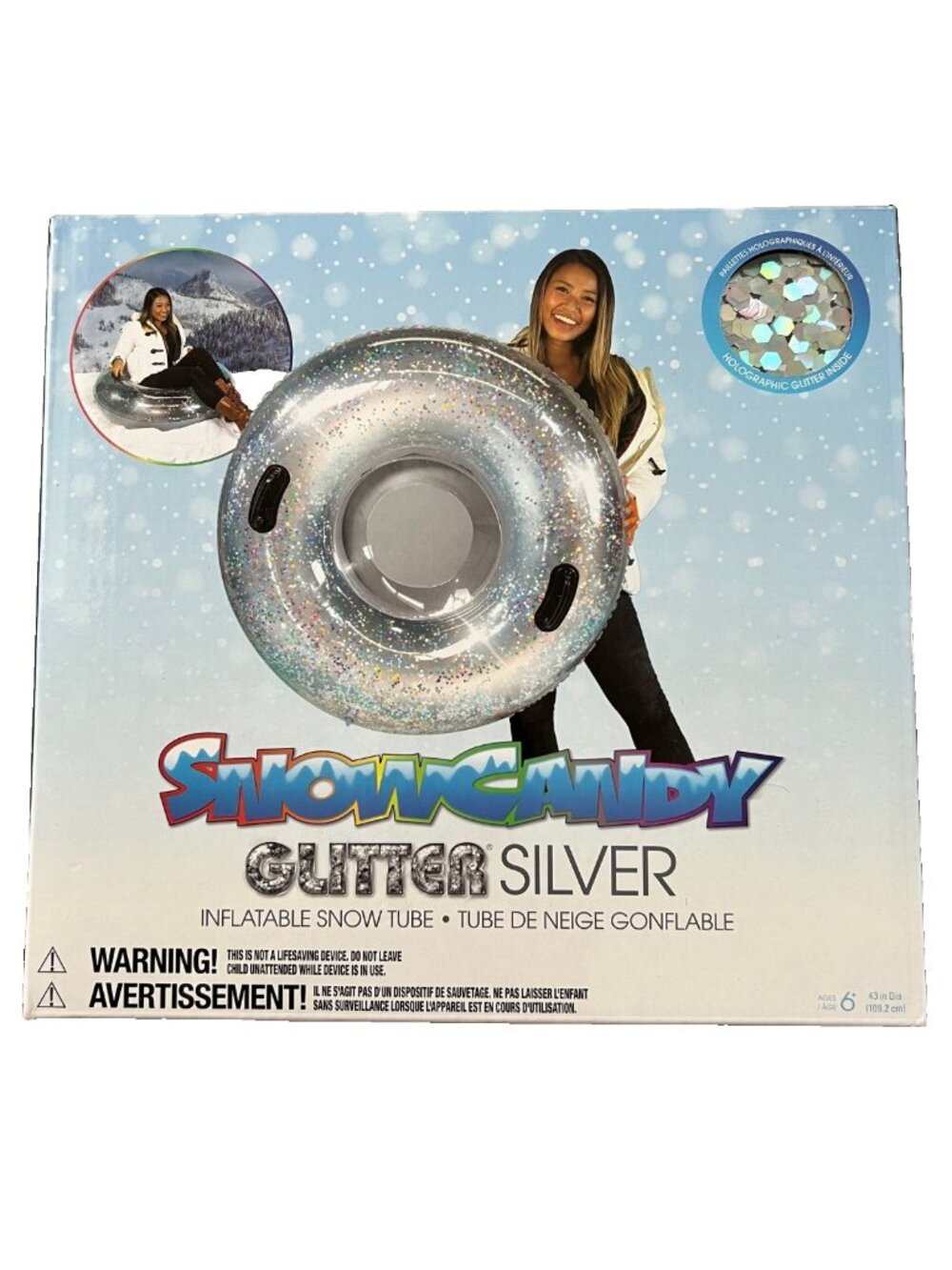 SnowCandy Glitter Silver Inflatabe Snow Tube Handles Pool 42" Age 6+